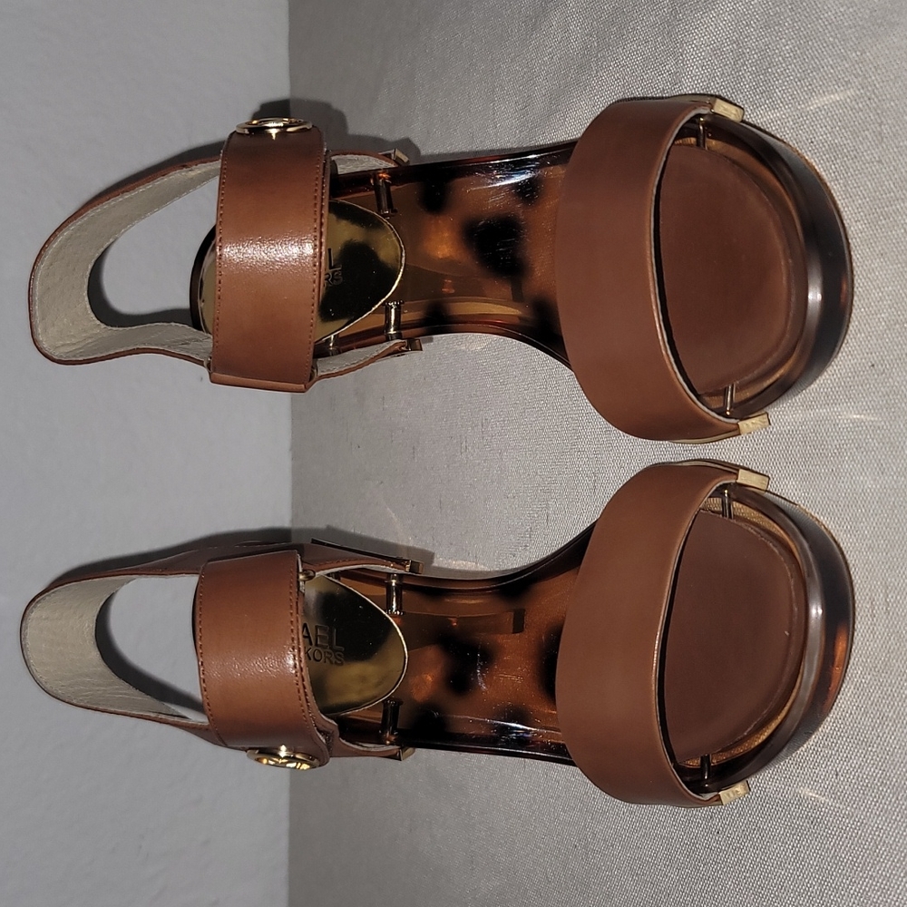 Michael Kor New Lani Sandal Brown Leather w/ Gold Emblems and Heel
